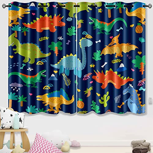 Kossmjx Dinosaur Curtains 2 Panels 63 Inch Drapes Boys Curtains for Bedroom Cute Dinosaur Themed Grommet Top Thermal Insulated Boys Room Curtain for Nursery, Navy Blue, 82 x 63