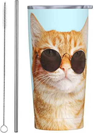FJAUOQ Funny Ginger Cat Tumbler with Lid and Straw, 20 Oz Insulated Travel Cup for Hot Cold Drinks Coffee Mug Water Bottle