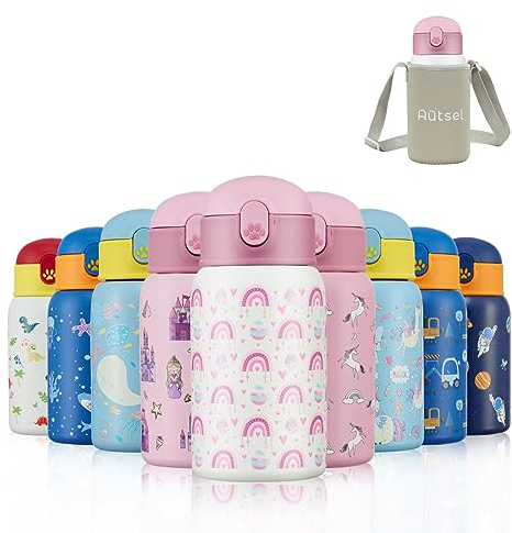 Kids Water Bottles with Straw 400ml, Childrens Insulated Water Bottle Stainless Steel BPA-Free, Kids Metal Water Bottle for Girls/Boys, Keep Hot/Cold