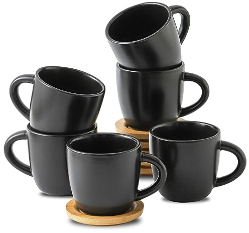 Hasense Porcelain Cappuccino Cups and Saucers Set of 6-6 Ounce Demitasse Espresso Mugs with Handle Perfect for Latte, Cafe Mocha, Double Shot and Tea, Black