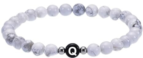 Whoiy Armband mit Buchstaben, Perlen Armbänder Magnesit Legierung Weiss Elastische Perlen mit Buchstabe Q Geburtstagsgeschenk Perlenarmband für Ihn 17cmx6mm