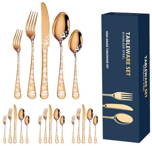 XIAOYU 20-teiliges Weihnachtsbesteck Set, schwarzes Besteck Set Service für 4, Edelstahl Besteck Geschirr, einzigartige Schneeflocken Weihnachtsmann Elch Muster Design, spülmaschinenfest, Roségold