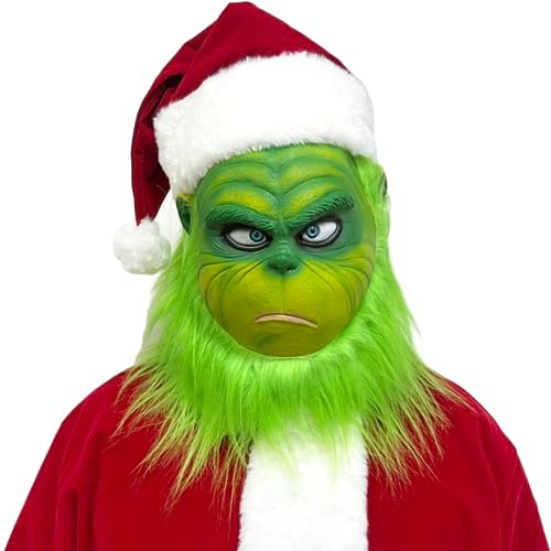 Claofoc Monster Maske Erwachsene Grünes Monster Mask Kostüm Weihnachts Hut | Maske mit Weihnachtsmütze, Latex, Erwachseneneinheitsgröße, grünes Gesicht, Weihnachten, Halloween, Karneval, Cosplay