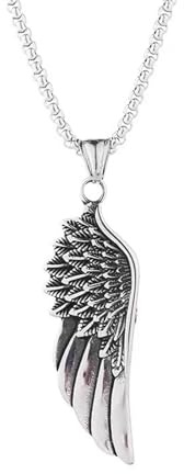 Guardian Angel Wing Pendant Necklace Stainless Steel Punk Vintage Antiqued Feather Single Wings Adjustable Chain Necklace for Men Women Birthday Party Holiday Hip Hop Fashion Jewelry Gifts (Silver)