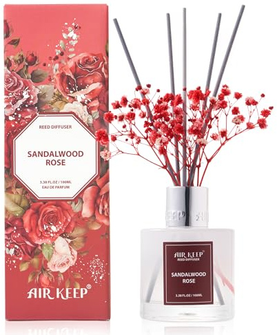 Airkeep Raumduft Sandalwood Rose Duft, Reed Diffuser mit 8 Duftstäbchen, Lufterfrischer für Badezimmer, Wohnung, Heimdekoration, 100ml