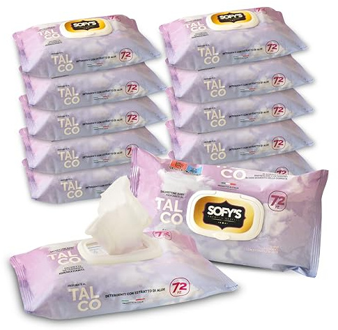 DETERMONDO 432 Salviette Neonato Igienizzanti Umidificate e Profumate al Talco Senza Alcool, Ideali come Detergenti Cambio Pannolino, Viso e Mani, Pacco Scorta 6 confezioni da 72 Salviettine