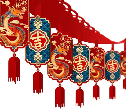 Sharplace Guirlande de l'année du Dragon chinois, ornement du nouvel an, pendentif avec pompon, guirlande décorative de plafond pour intérieur et, Dragon 12 Pendentif 4m