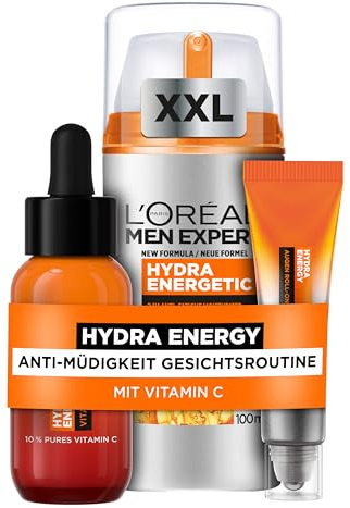 L'Oréal Men Expert Pflegeset gegen müde Haut für Männer, Mit XXL Gesichtscreme, Gesichtsserum und Augen Roll-On, Set für Herren mit Feuchtigkeitspflege Anti-Müdigkeit, Hydra Energy, 3-teilig
