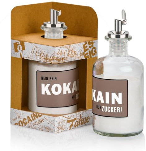 Geniess-Bar! Zuckerstreuer Glas KEIN KOKA!N-NUR ZUCKER! mit Geschenkbox Zucker & Edelstahl Ausgiesser gefüllt Pastellbraun