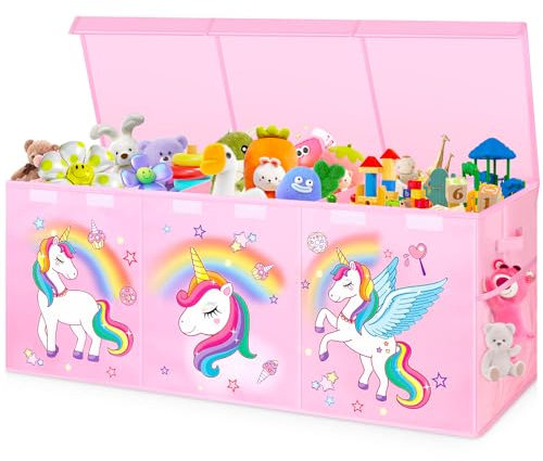 Mabahoo Extra Large Toy Box Chest, Collapsible Toy Storage Organizer with Lids, 40X14X16 Sturdy Large Kids Toy Storage Bins Boxes Baskets for Girls, Boys, Nursery, Playroom, Pink