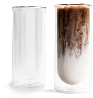 FLUR Iced Coffee Glasses (Set of 2) Perfect for Iced Coffee, Cold Brew & Lattes – Double-Walled Borosilicate Glass – For Hot & Cold Drinks – Lightweight & Easy to Clean – 15.5oz (Clear)
