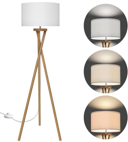 BBHome Lampada da terra per soggiorno, in legno, scandinava, con lampadina LED E27, 9 W, paralume bianco, moderna lampada da terra per camera da letto, studio e ufficio