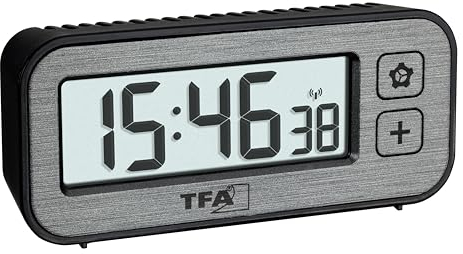 TFA Dostmann Funk Wecker digital mit Temperatur und Luftfeuchtigkeit Switch, 60.2522.10, mit Höchst- und Tiefstwerte, mit Weckalarm und Funkuhr, Reisewecker, klein, Nicht tickend, grau