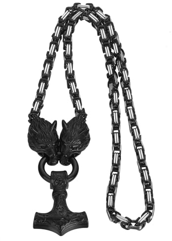 OIDEA Herren Wikinger Halskette mit Königskette: Schwer Punk Rock Wolfskopf Thors Hammer Anhänger Wolf Kopf Odin Bärenklaue Nordisch Viking Schmuck Geschenk für Männer Freund Vater