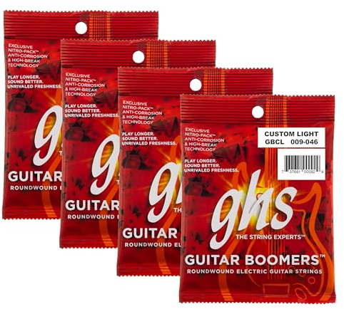 GHS Strings, GBCL Boomers, Nickel Plated Steel Electric Guitar Strings, Legendary Strength, Consistent Intonation, Long Lasting Brightness, Tone & Sustain. For 6-String Guitar, 9-46 CLT Gauge, 4 Pack