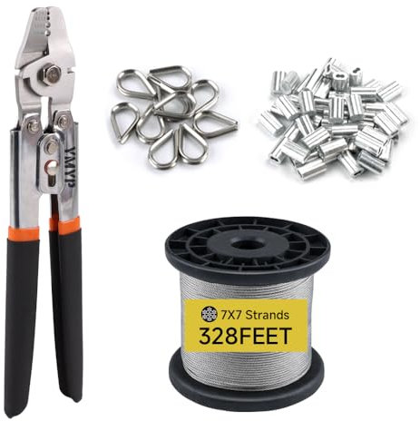 YMYP 2.2mm Wire Rope Crimping Tool with 100m 1/16’’ Stainless Steel Wire Rope Kit,200Pcs M1.5 Aluminum Double Barrel Ferrule and 50Pcs Stainless Steel Thimbles, Swaging Tool with Cutting Function