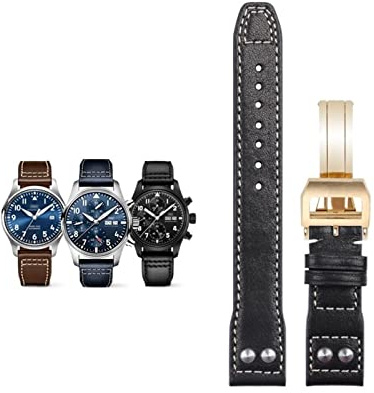 AHGDDA 20 mm weiches Echtleder-Nietenarmband für IWC-Armband für Big PILOT Mark 18 Portofino-Zubehör(Blk Gold buckle)