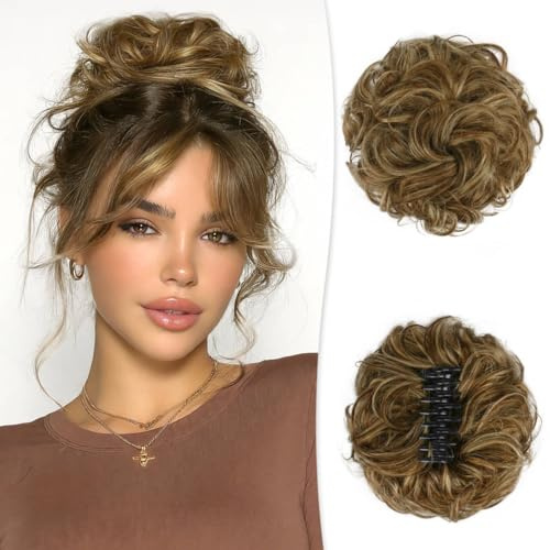 RUWISS Claw Clip Messy Bun Großes Haarteil Echthaar Wellig Lockig Haardutt Chignon Bun Extensions Krallen Clip Haar Scrunchies für Damen Frauen,Schokoladenbraun mit Hellgoldblonden Highlights