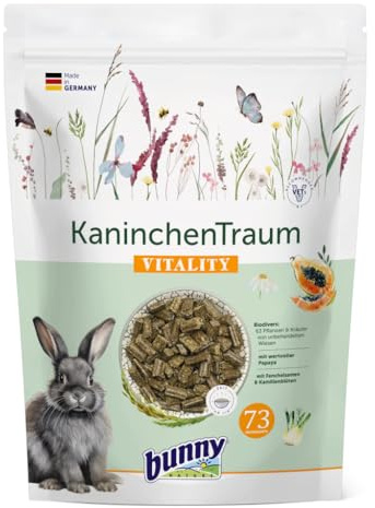 Bunny Coniglio Traum Vitality | 1,5 kg | Alimento completo per conigli nani dai 6 mesi di età | 63 diverse piante ed erbe di prati non trattati | mix di 3 fibre