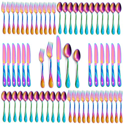 Seeshine Arco Iris Lot de 60 couverts en acier inoxydable pour 12 personnes avec fourchette, couteau et cuillère, passe au lave-vaisselle