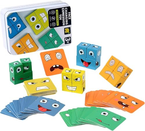 Holzwürfel Puzzle Face Changing Magic Cube Ausdruck Holzpuzzle Holzwürfel Spiel Montessori Sensorik Spielzeug 3D Puzzle Face Changing Magic Cube Gift für Jungen und Mädchen