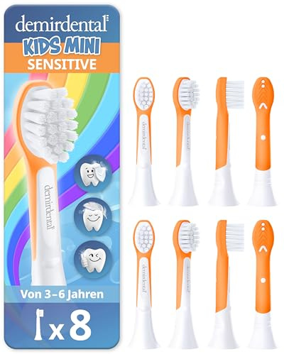 8er demirdental Kinder Ersatzbürsten passend für Philips Sonicare Kids Mini | Für 3-6 Jahre: Mini-Aufsteckbürsten entsprechend HX6034, extra weich für Milchzähne, schadstoffgeprüft & BPA-frei, Orange