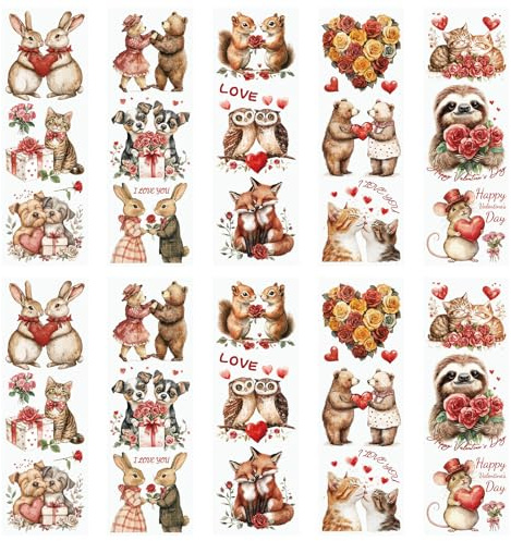 WANDIC 10 PCS Valentine's Day Theme Rub On Transfer Sticker,Cute Animal Sticker Flower Decal for Present Packaging DIY Scrapbooking Albums Furniture,10 * 30cm