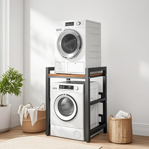 FKKPRVAX Portable Stacking Kit For Tumble Dryers, Floor Standing Washer-Dryer Rack With Shelves, Height Adjustable, Storage Rack For Tumble Dryers And Dishwashers, Load Capacity 800 Kg (Black)
