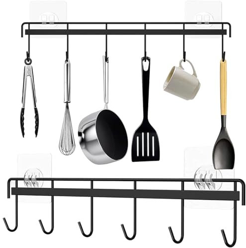 Porte Ustensiles Cuisine,2 Pièces Crochets de Cuisine Auto-Adhésif Support Ustensiles Cuisine avec 6 Crochets Barre de Cuisine Support d'ustensile de Cuisine pour Cuisine,Salle de Bain,Salon
