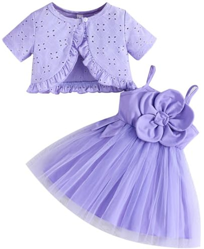 Yaopelky Tutu-klänning för bebisar, flickor, 2 delar, småbarn, kofta för småbarn, tyll, solklänning, flickor, prinsessa, dopklänningar, spädbarn, sommarkläder, set, Lila, 9 - 12 månader