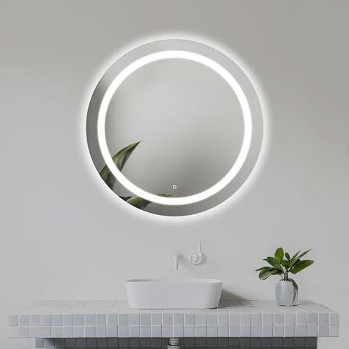 Home Glow 60cm Runder Badezimmerspiegel mit LED Beleuchtung, Runder LED Badspiegel mit Touch Schalter, Spiegel mit naturweißer LED Frontleuchte. Ring