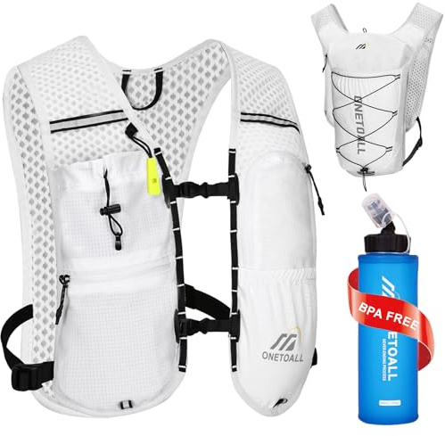 ONETOALL Löparväst för kvinnor med 500 ml vattenflaska, reflekterande vätskeryggsäck, 6 L, lätt 150 g, för trailrunning, vandring, maraton, vit med mjuk flaska