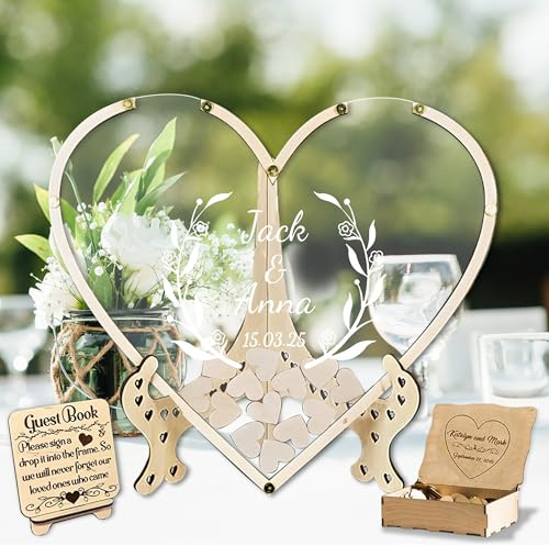 JLSKCN Personalisierte Gästebuch Hochzeit aus Holz mit 50-100pcs Hölzernen Herzen, Holzherzen Hochzeitsdeko, Alternative Hochzeitsgästebuch,Hochzeit, Dekoration, Hochzeitsgeschenk