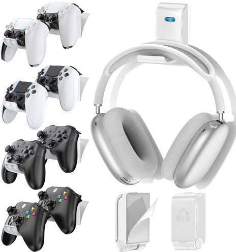 Supporto per Controller & Cuffie da Muro, Supporto da Parete per 8 Controller & Supporto Pieghevole per Cuffie, Supporto Cuffie a Muro per Controller di Gioco, per Xbox, PS5/4, Nintendo, Bianco