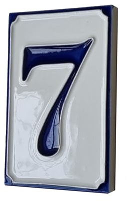 Piastrelle con numero civico in ceramica bianca e blu, dipinte a mano, 11 x 7 cm (numero 7)