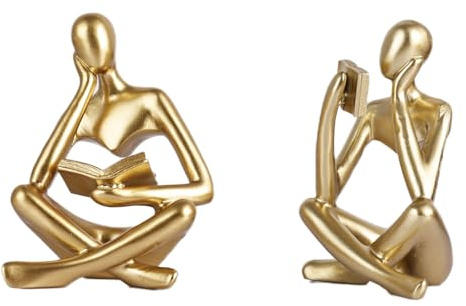Lot de 2 figurines dorées - Sculpture pensante et lisible - Figurines d'art abstraites - Décoration minimaliste moderne pour bureau, bibliothèque et salon, décoration de bureau