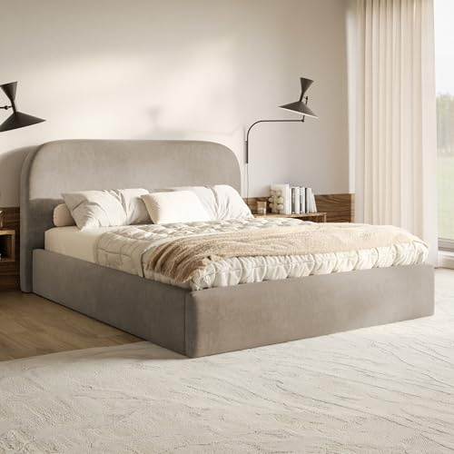 MOTIVENA Mono Bett 180x200 Beige Samt, mit Stauraum, mit Kopfteil, mit Lattenrost, ohne Füße, ohne Matratze, Polsterbett 180x200 mit Bettkasten Beige