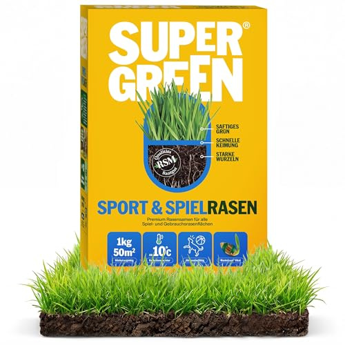 Supergreen Sport- & Spielrasen Rasensamen | 1kg | Premium Saatgut für belastbare, dichte Rasenflächen | Strapazierfähig & regenerationsstark | RSM Qualität & Mantelsaat® Vital | Schnellkeimend