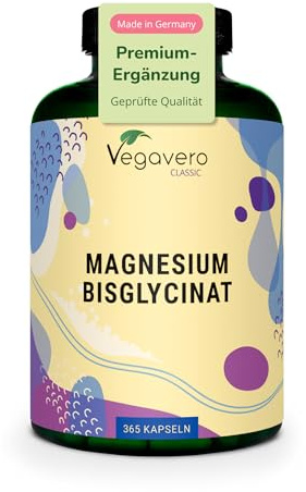 Magnesium Bisglycinat Kapseln hochdosiert | 365 Kapseln | 400 mg elementares Magn. pro Tag | Laborgeprüft & Vegan | Ohne Füll- und Zusatzstoffe | Deutsche Produktion von Vegavero®