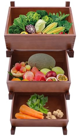 DQSPDBD Panier à fruits et légumes en bois à 3 niveaux pour la cuisine - Étagère utilitaire - Organiseur pour oignons et pommes de terre - Marron