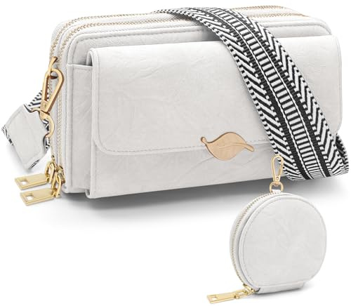REETEE Handytasche zum Umhängen PU Leder Umhängetasche Klein Damen Große Kapazität Handy Umhängetasche, Crossbody Bag Schultertasche mit Kartenschlitz Verstellbar Breiter Gurt (grau-weiß)