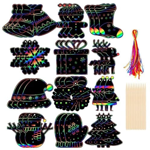 OIXYEY Carta da Grattare Natale per Bambini, 36 Pezzi Kit Arte Magica con Nastro, Campane e Penna di Bambù, Decorazioni Festive Creative per Regali e Famiglia