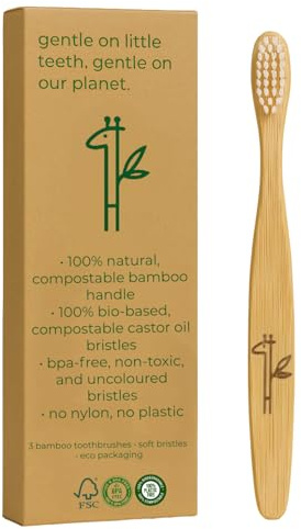 Of Lands Far Away Paquete de 3 cepillos de dientes de bambú natural para niños, cerdas suaves 100% biológicas, sin plástico, biodegradable, cuidado bucal para niños, sin nailon, ecológico, certificado