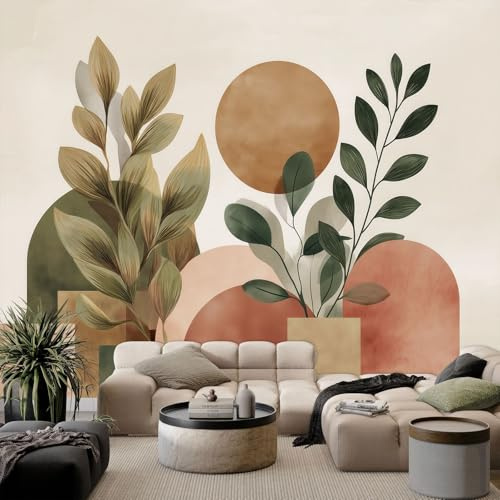 Papier Peint Mural Intissé Terracotta, Papier Peint Panoramique Photo Poster 300 x 210 cm (L x H) - Fresque Murale Tapisserie Minimaliste Bohème Feuilles Aquarelle Pour Salon Chambre D'Enfant