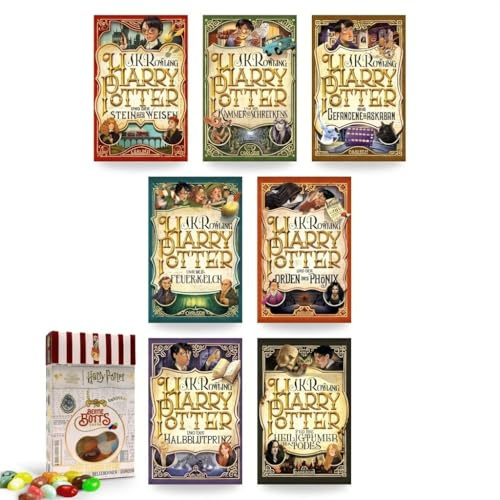 J. K. Rowling Harry Potter 20 Jahre Jubiläumsedition – Taschenbuch Bundle alle 7 Bände – komplette Romanreihe – inklusive Bertie Botts Bohnen 35g – magische Fantasy Bücher – Magie und Zauberei