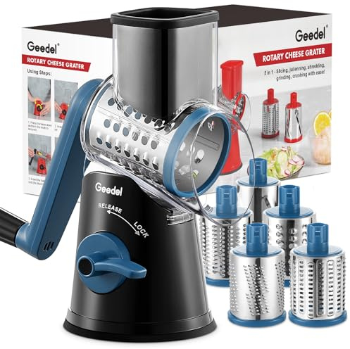 Geedel Râpe à Fromage, Rapeuse Legume Manuel avec 5 Lames Remplaçables | Coupe 12x Plus Rapide, Acier Inoxydable 430, Utilisation Sûre, Lavable Lave-Vaisselle, Base Ventouse Puissante, Démontable