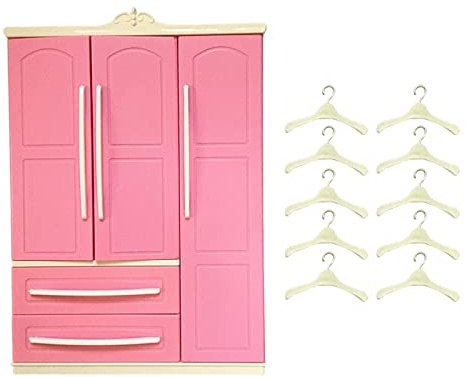 JISADER Doll Kleiderschrank Miniatur Schrank Puppenmöbel Aufbewahrung mit Herausnehmbaren Schubladen Und Kunststoffbügel für Puppenhaus Dekoration