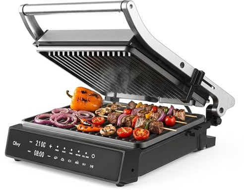Olvy Kontaktgrill – Parrilla Eléctrica 5 Programas Automáticos – 180° Apertura – 2000 W – Placas Antiadherentes Desmontables – Termostato y Temporizador – Panini, Sandwich, Steak, Verduras