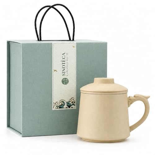 SINOTE'CA Tazza da Tè con Infusore e Coperchio 400ml, Set Regalo in Ceramica con Manico in Legno e Sottobicchiere, Tazza Tisana con Infusore Fine per Tè Sfuso, Confezione Regalo Elegante