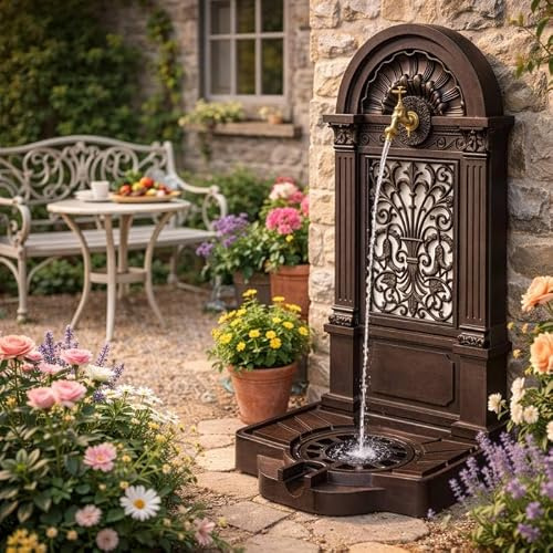 Fontaine de Jardin à Poser Fontaine Arrivée d'eau Murale Fonte d'Aluminium Marron et Robinet Laiton 35x40x83cm